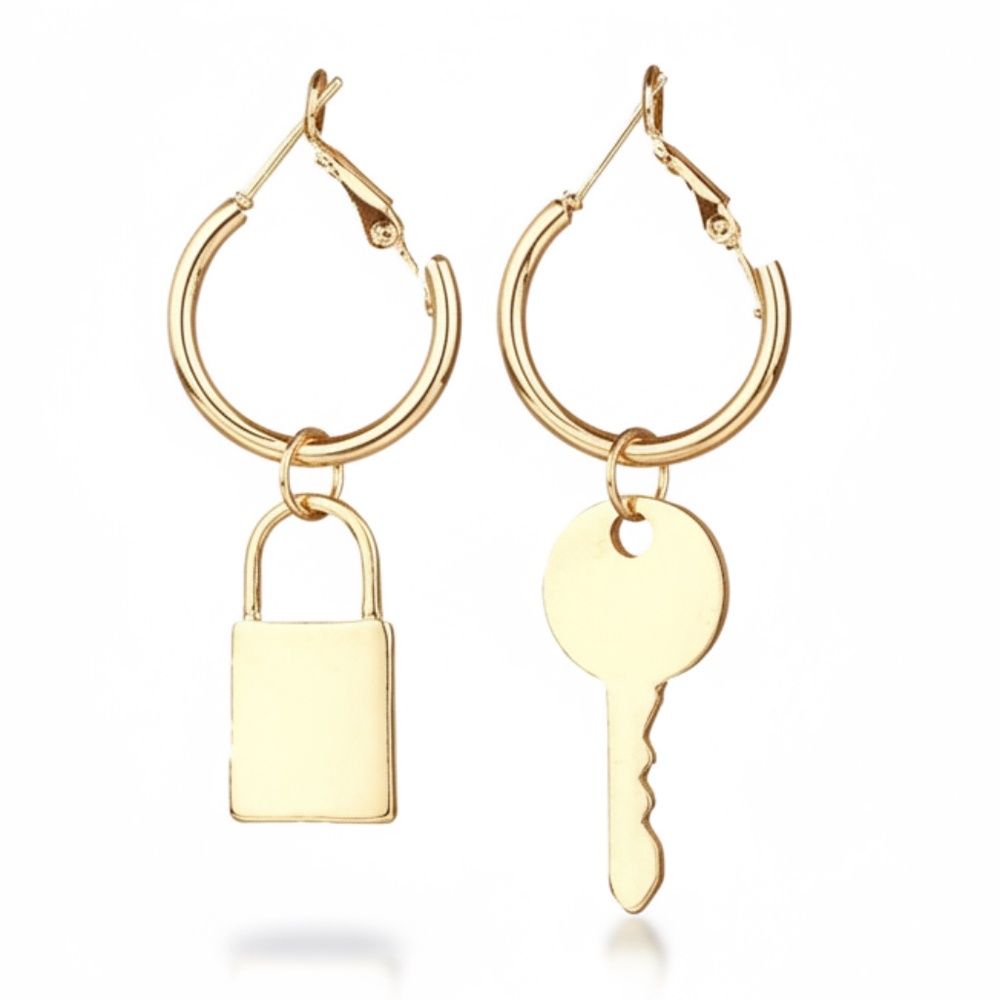 Womens Gold Tone Lock Key Hoop Earrings